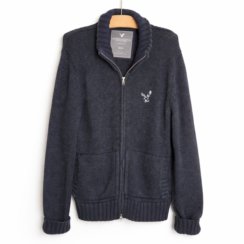 American Eagle Full Zip Knit Sweater Mens M Gray Chunky Cotton Wool Zip Jacket